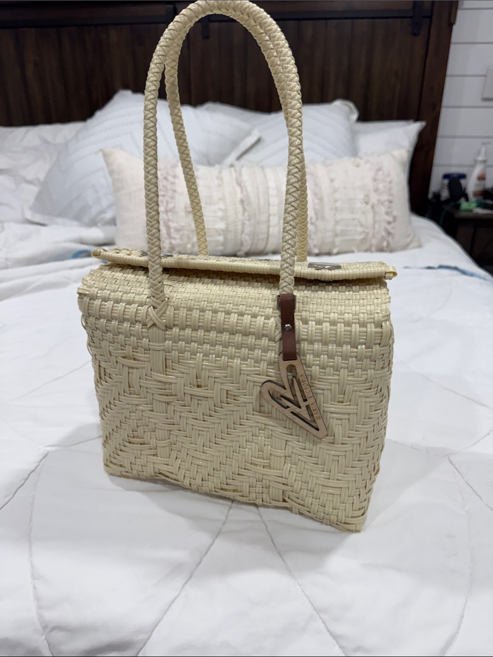 Woven Straw Tote in Cream with Heart Charm